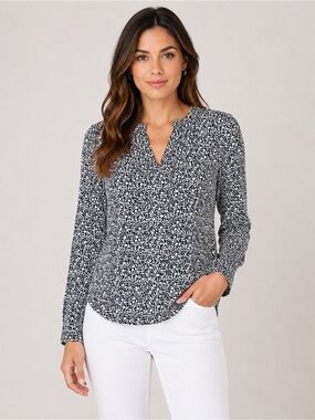 Ichi Navy & White Floral Print Blouse Size S Lightweight Long Sleeve V-Neck Top